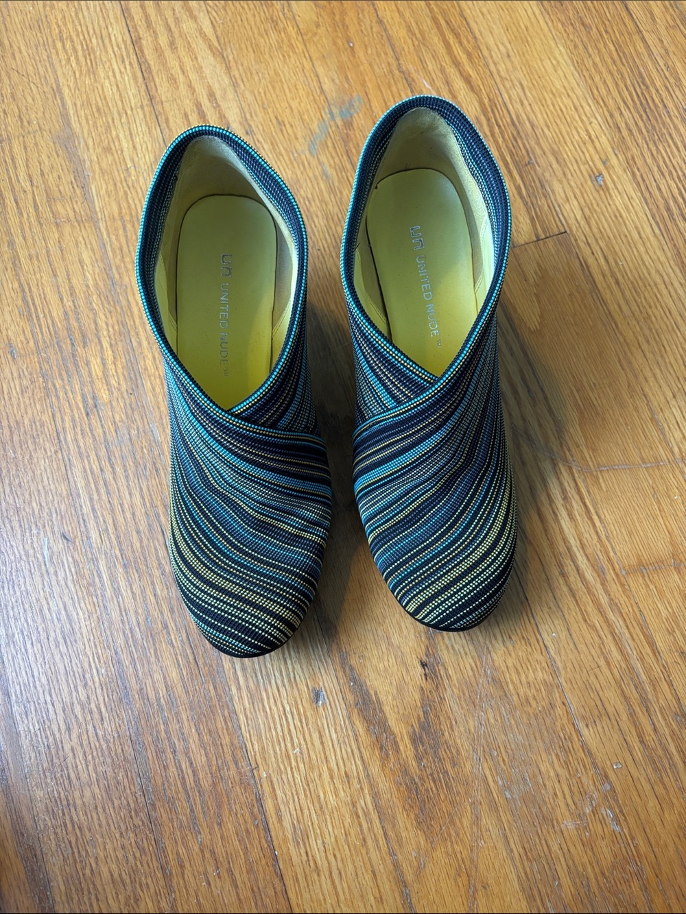 United Nude Teal Black Striped Knit Ankle Booties
